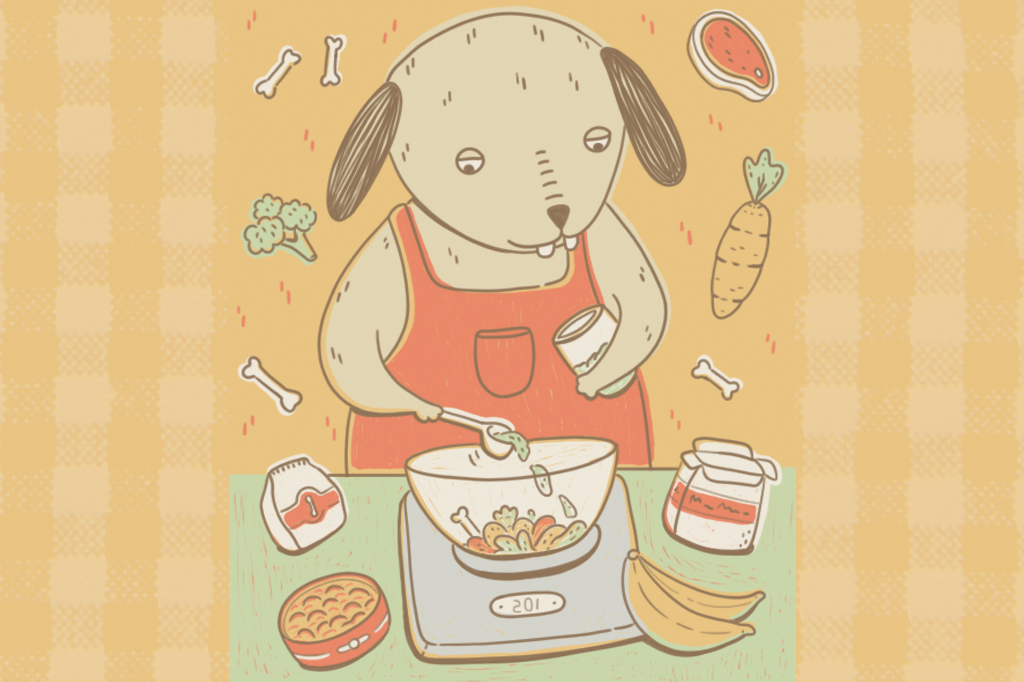 SI_470_Oráculo_Manual_3 Ilustração, em fundo laranja, de um cachorro preparando um alimento.