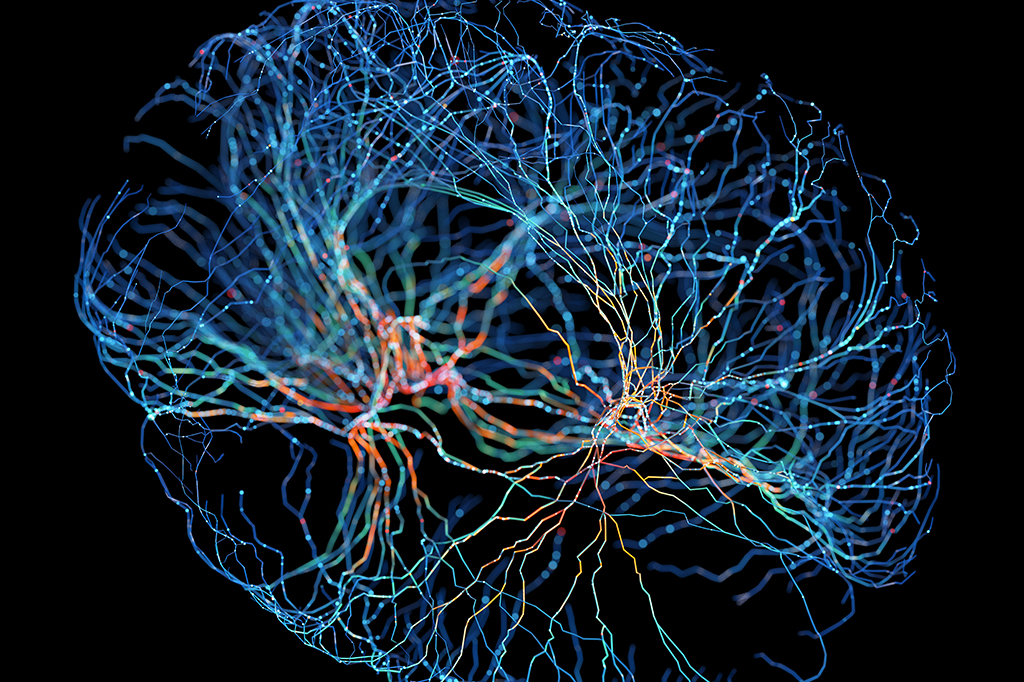 Imagem de Sistema de neurônios com conexões brilhantes em fundo preto.
