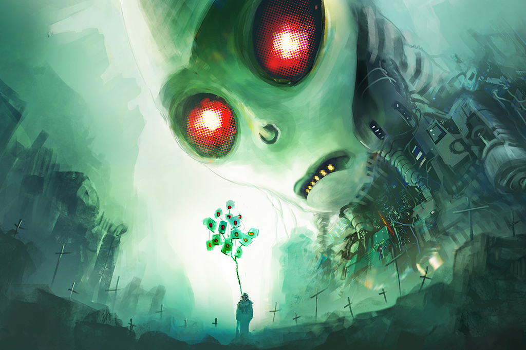 Ilustração de um sonho ruim com gigantesco robô/ciborgue alienígena com olhos vermelhos em um cemitério verde escuro.