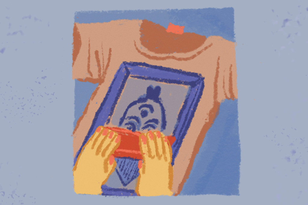 SI_471_Oráculo_Manual_4 Ilustração, em fundo azul, de um desenho do Oráculo sendo estampado numa camiseta.