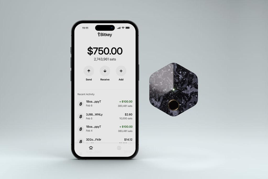 Imagem, em fundo cinza azulado, de um telefone celular e uma carteira offline em formato hexagonal.