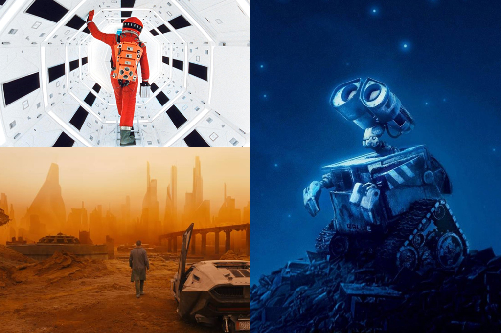 Mosaico com cena dos filmes 2001: Uma Odisseia no Espaço, Duna e Wall-E.