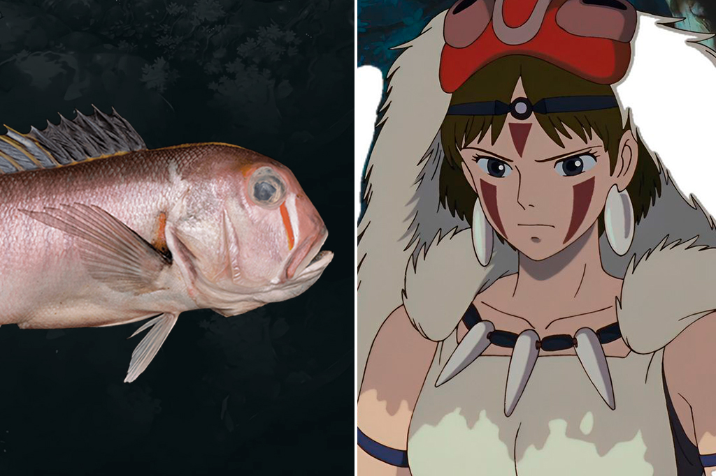 Montagem do Peixe com 'pintura facial' com a personagem San da animação "Princesa Mononoke".