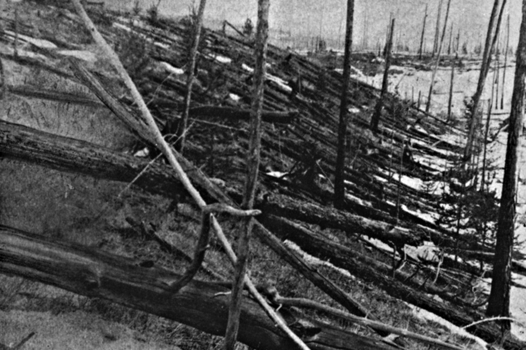 1602-Tunguska-layout_site1 A fotografia do evento Tunguska foi uma grande explosão que ocorreu perto do rio Stony Tunguska, onde hoje é Krasnoyarsk Krai, na Rússia. Datado de 1908.