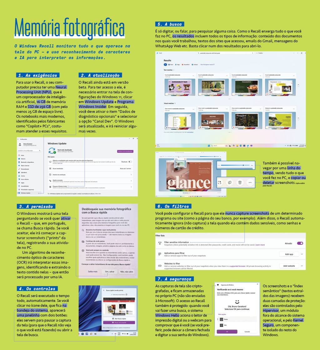SI_472_AIPCs_1b Infográfico, em fundo verde, explicando o funcionamento do Windows Recall.
