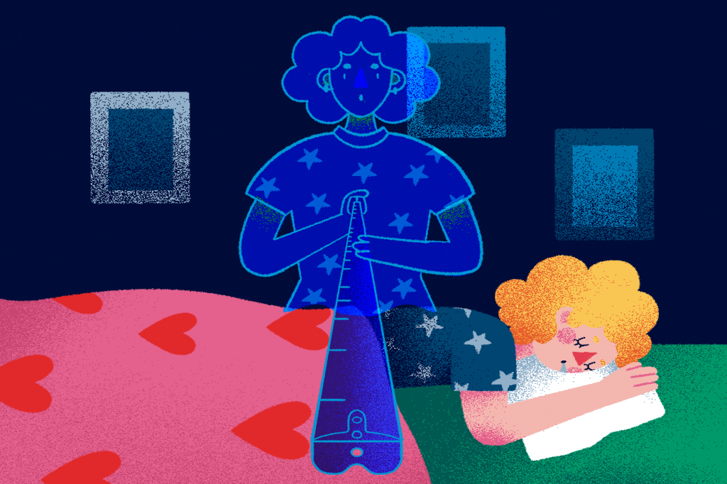 Ilustração cômica de um espírito com uma trena medindo o tamanho da cama enquanto uma mulher dorme profundamente.