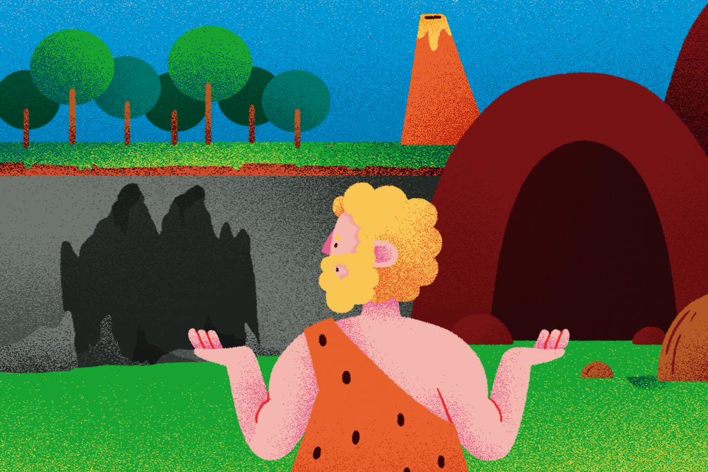 Ilustração de um homem do paleolítico, com olhar indeciso, diante de uma gruta e uma caverna. Acima, um arvoredo e um vulcão.
