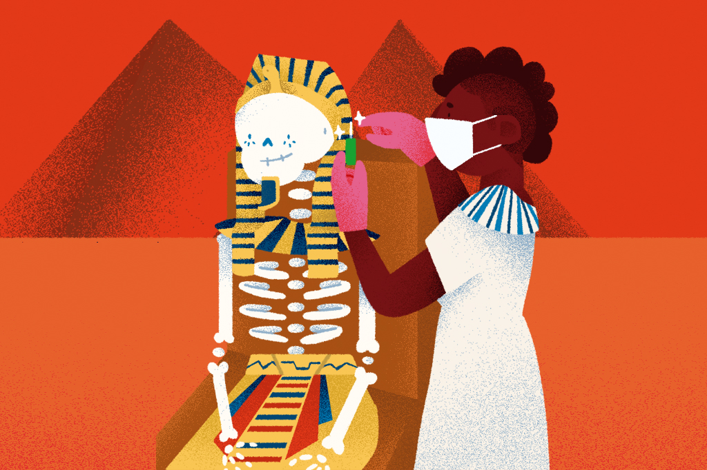 Ilustração cômica de uma enfermeira colocando um piercing num esqueleto Faraó. Ao fundo, o deserto e pirâmides.