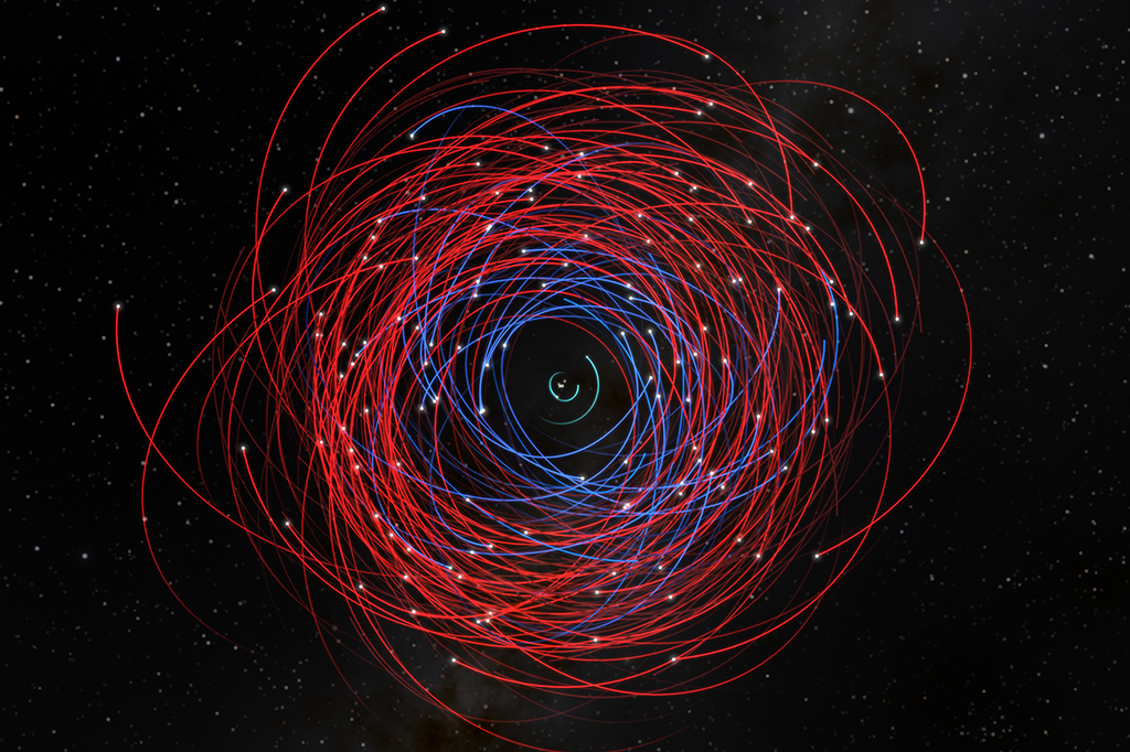 Imagem das posições das 128 novas luas de Saturno, são indicadas com pontos brancos.