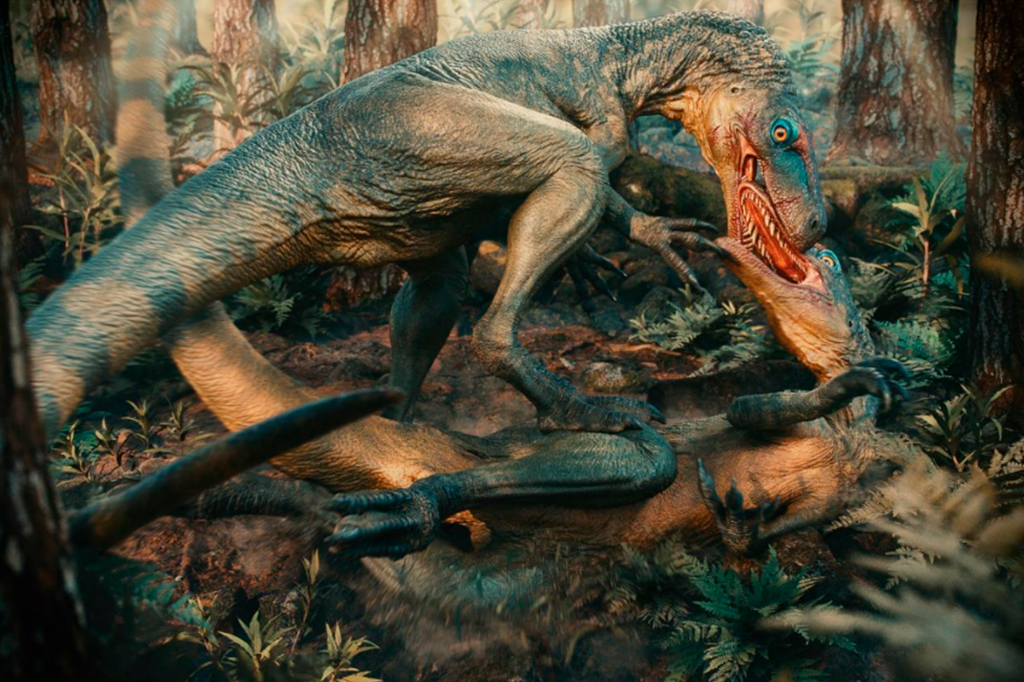 Ilustração de dois Gnathovorax se enfrentam em uma paisagem Triássica do sul do Brasil há 230 milhões de anos atrás.