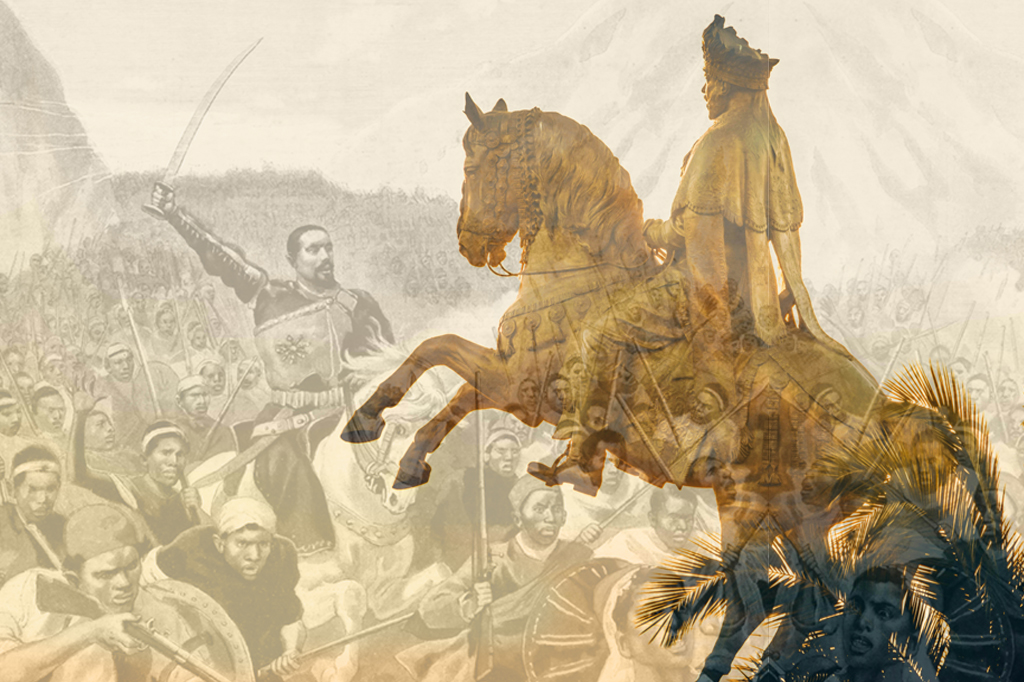 Fotomontagem com a estátua equestre de Menelik II e uma cena de batalha na Etiópia.