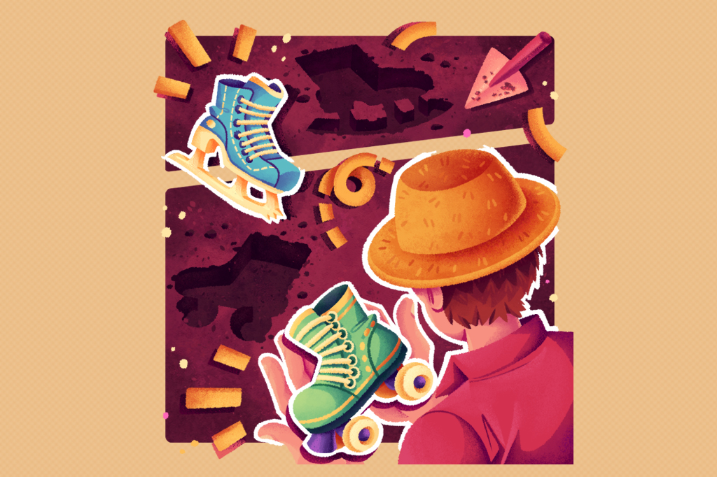 Ilustração, em fundo marrom claro, de um rapaz de chapéu encontrando dois patins na escavação arqueológica.