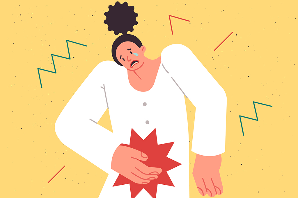 Ilustração de uma mulher com cólicas.