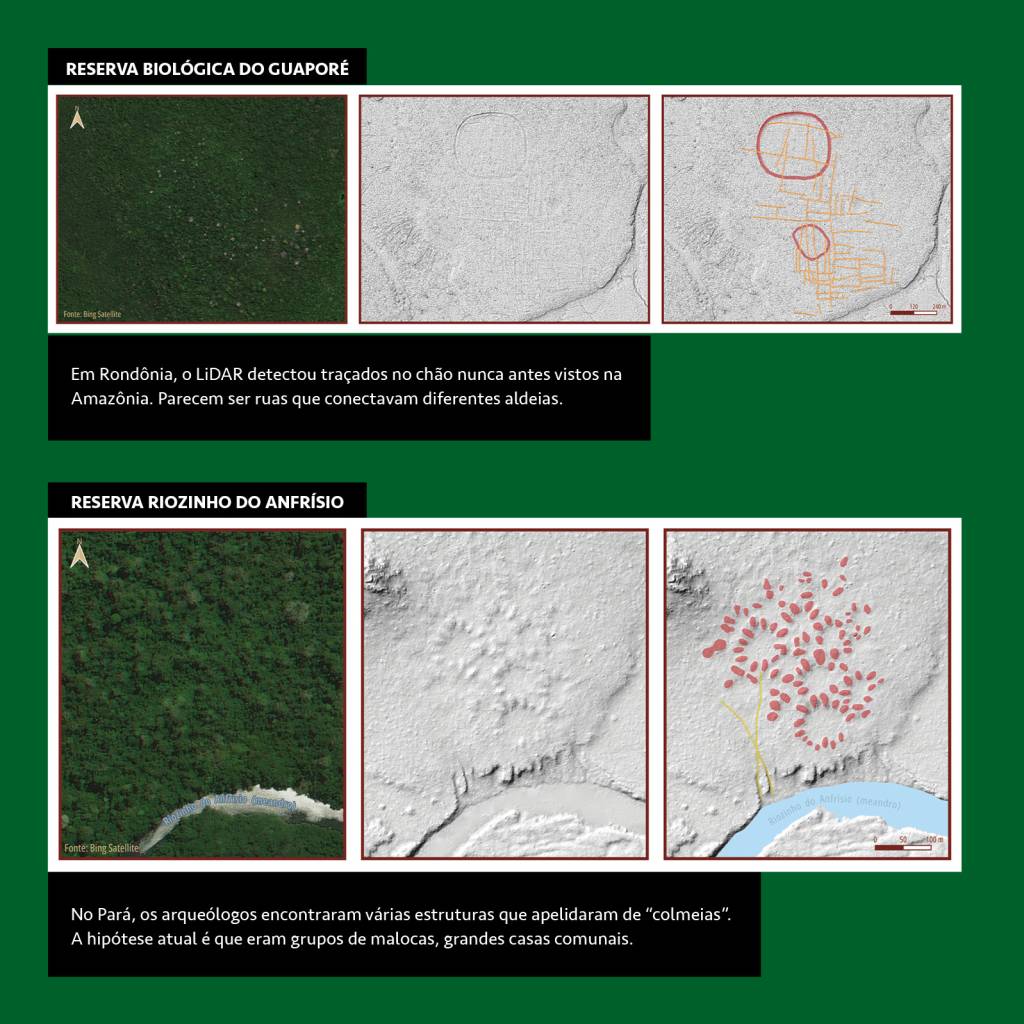 SI_474_Amazônia_Revelada_6a Infográfico, em fundo verde bandeira, explicando o funcionamento do sistema a laser de mapeamento projeto LiDAR. A partir da foto original, é possível detectar a presença humana no meio da floresta.