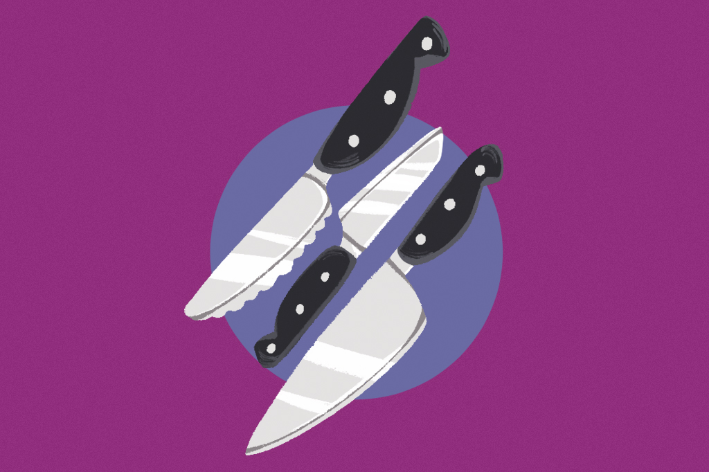 Ilustra&ccedil;&atilde;o, em fundo roxo, de tr&ecirc;s tipos de facas.