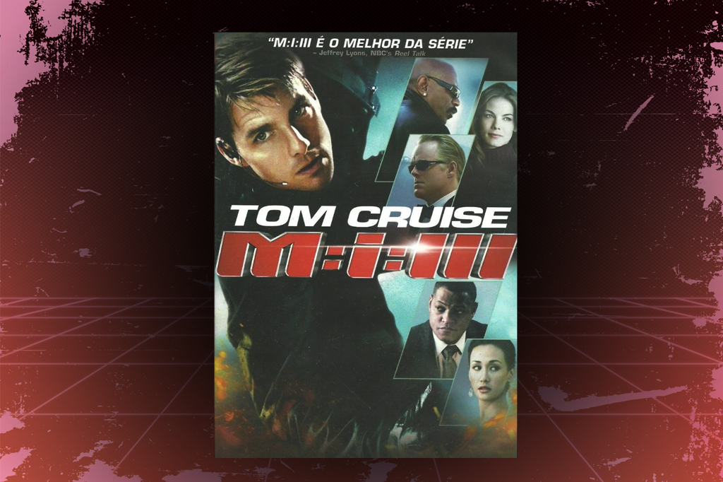 Imagem, em fundo vermelho texturizado, com cartaz do filme Miss&atilde;o: Imposs&iacute;vel 3.