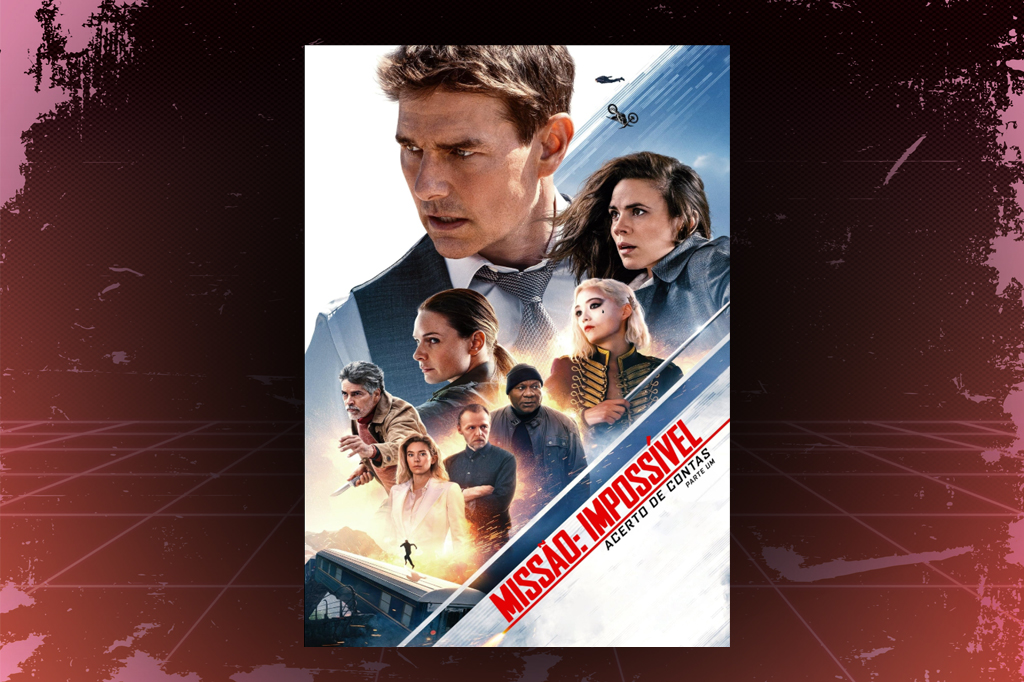 Imagem, em fundo vermelho texturizado, com cartaz do filme Miss&atilde;o: Imposs&iacute;vel 8.