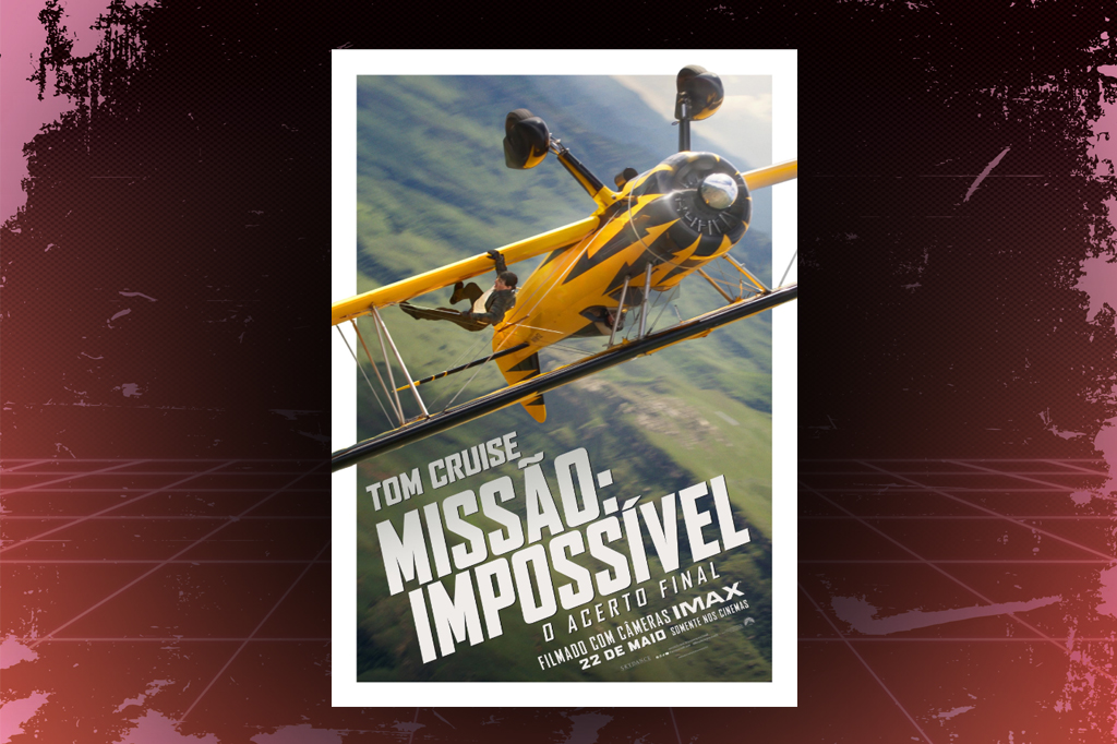 Imagem, em fundo vermelho texturizado, com cartaz do filme Miss&atilde;o: Imposs&iacute;vel 8.