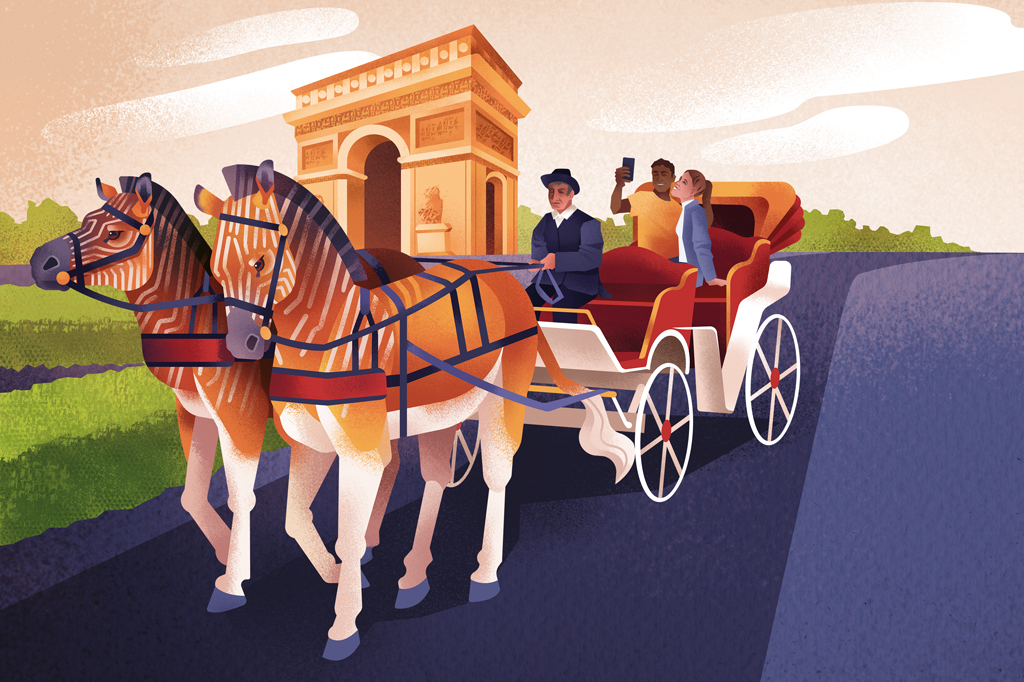Ilustra&ccedil;&atilde;o, colorida, de uma carruagem, sendo puxada por dois quaggas, levando um casal. Ao fundo, v&ecirc;-se um Arco do triunfo e um jardim.