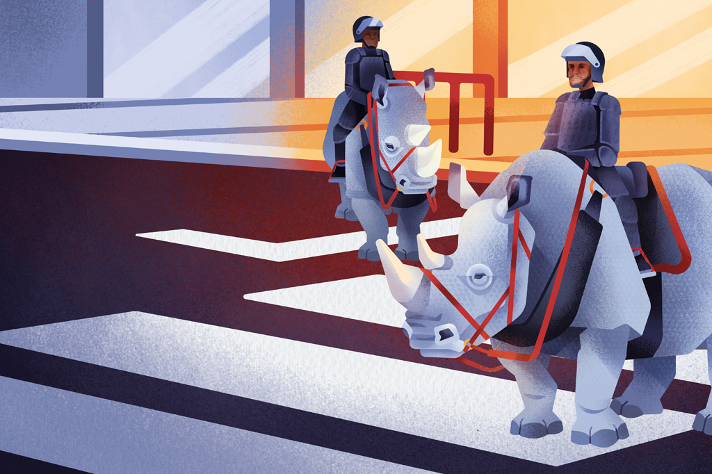 Ilustra&ccedil;&atilde;o, colorida, de dois policiais montados em rinocerontes em cima de uma faixa de pedestre.