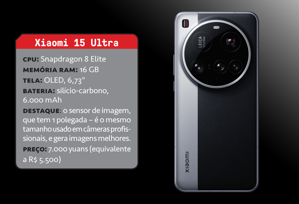 Imagem, em fundo escuro, de um smartphone e sua ficha t&eacute;cnica.