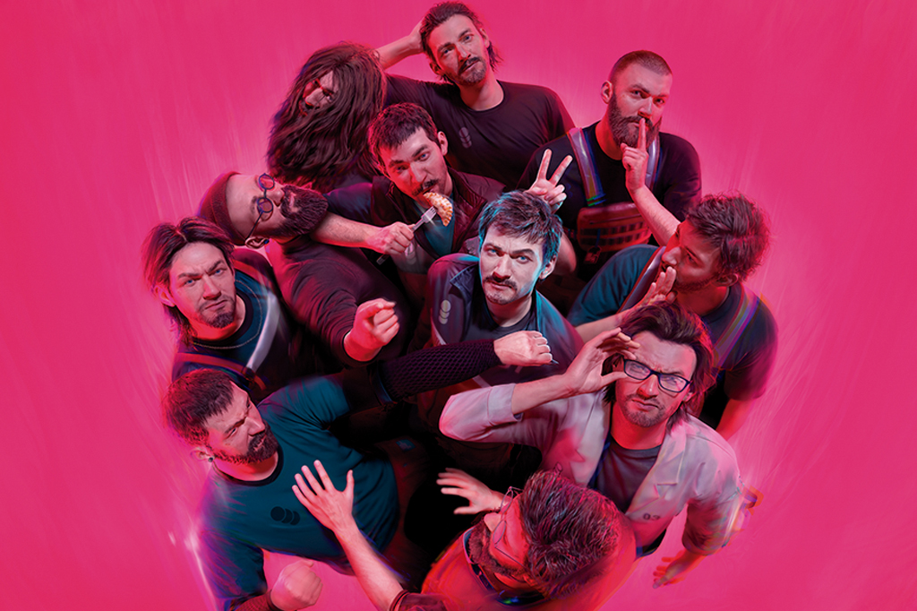 Imagem, em fundo pink, de um personagem de game em dez caracteriza&ccedil;&otilde;es e poses diferentes.