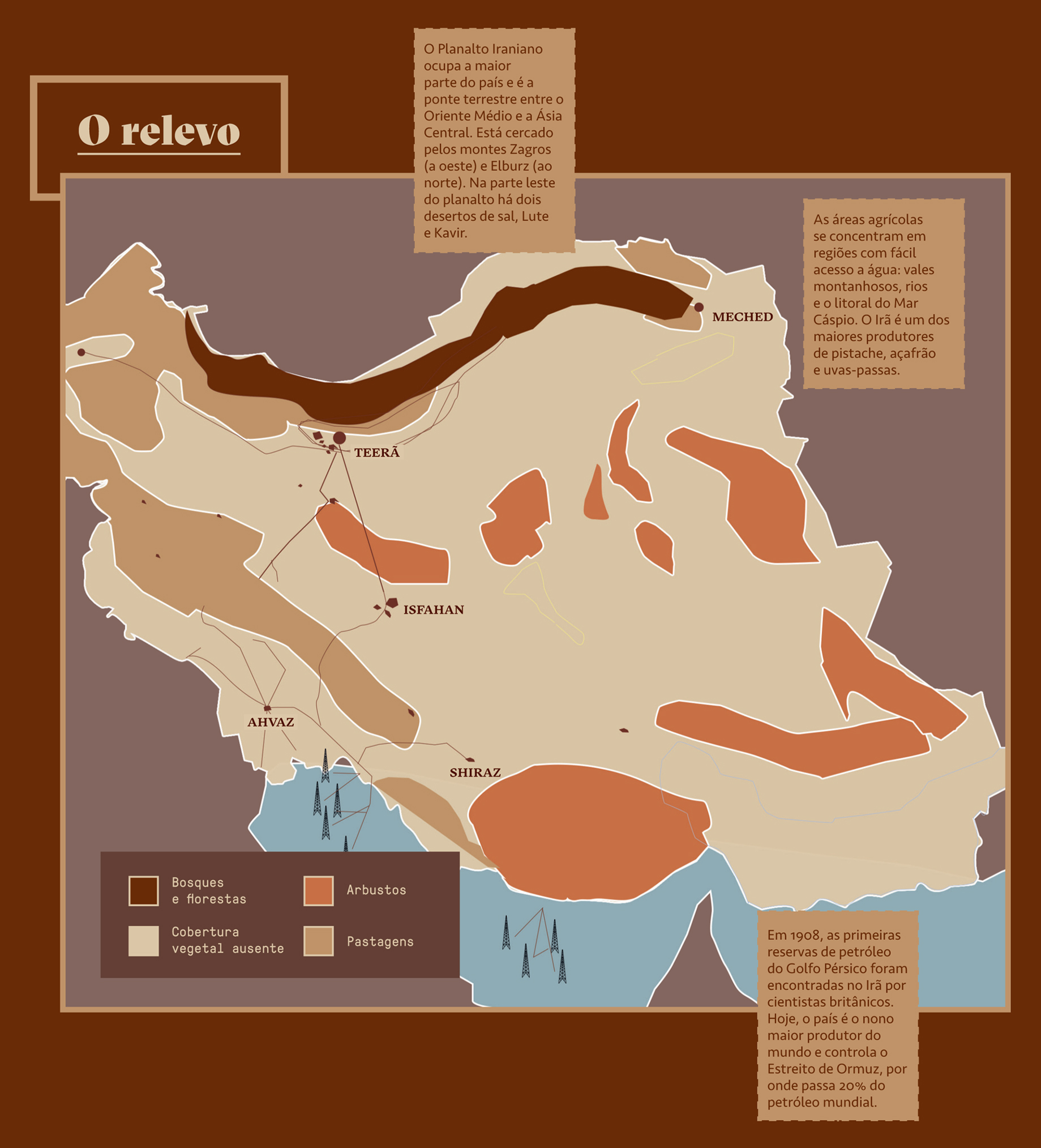 Mapa, em fundo marrom, com informa&ccedil;&otilde;es do relevo do Ir&atilde;.