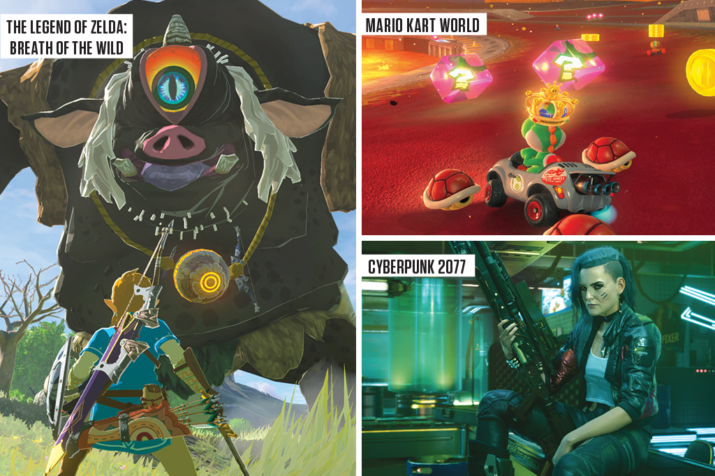 Imagem com tr&ecirc;s cenas dos jogos do Switch 2: The Legenda Of Zelda, Mario Kart World e Cyberpunk 2077.