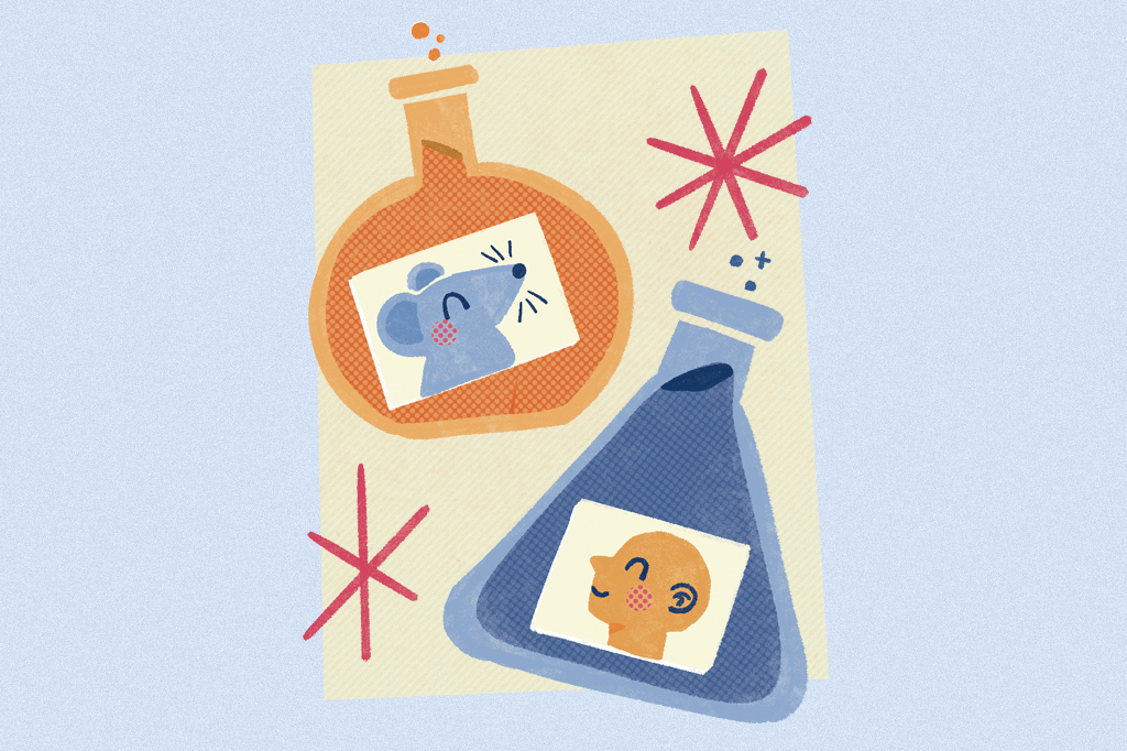 Ilustra&ccedil;&atilde;o, em fundo azul, de ensaios de laborat&oacute;rios.