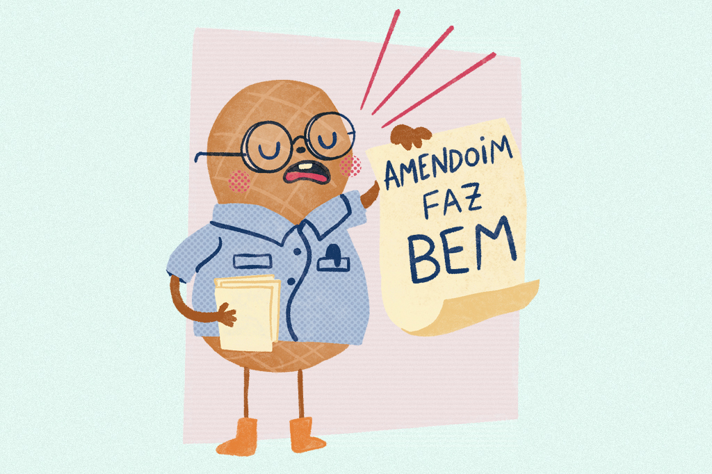 Ilustra&ccedil;&atilde;o, em fundo verde, de um personagem em formato de amendoim segurando um cartaz.