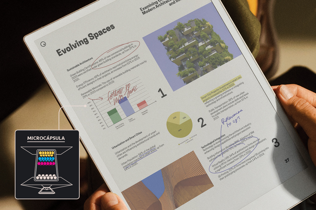 Imagem de uma m&atilde;o masculina segurando um Kindle colorido. Na tela v&ecirc;-se alguns dados estat&iacute;sticos.