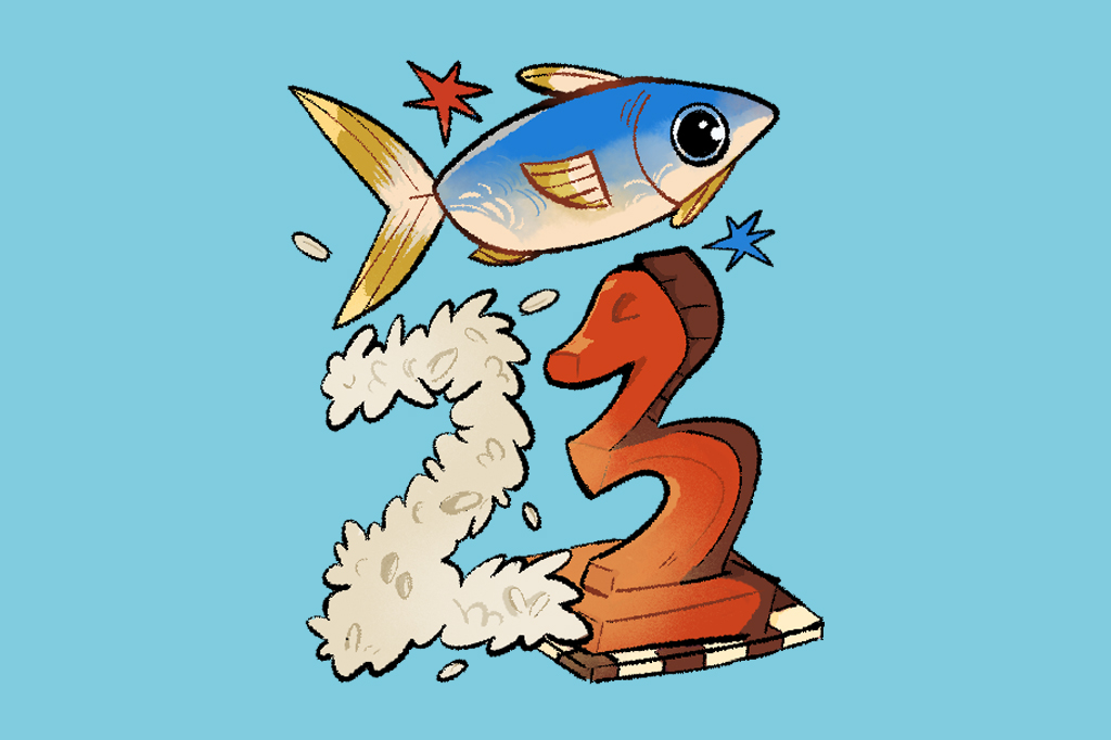 Ilustra&ccedil;&atilde;o, em fundo azul, de um peixe prateado em cima dos n&uacute;meros dois e tr&ecirc;s.