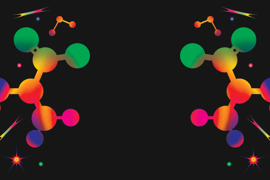 Imagem conceitual, em fundo preto, em fundo preto, com estruturas moleculares espelhadas e multicoloridas.