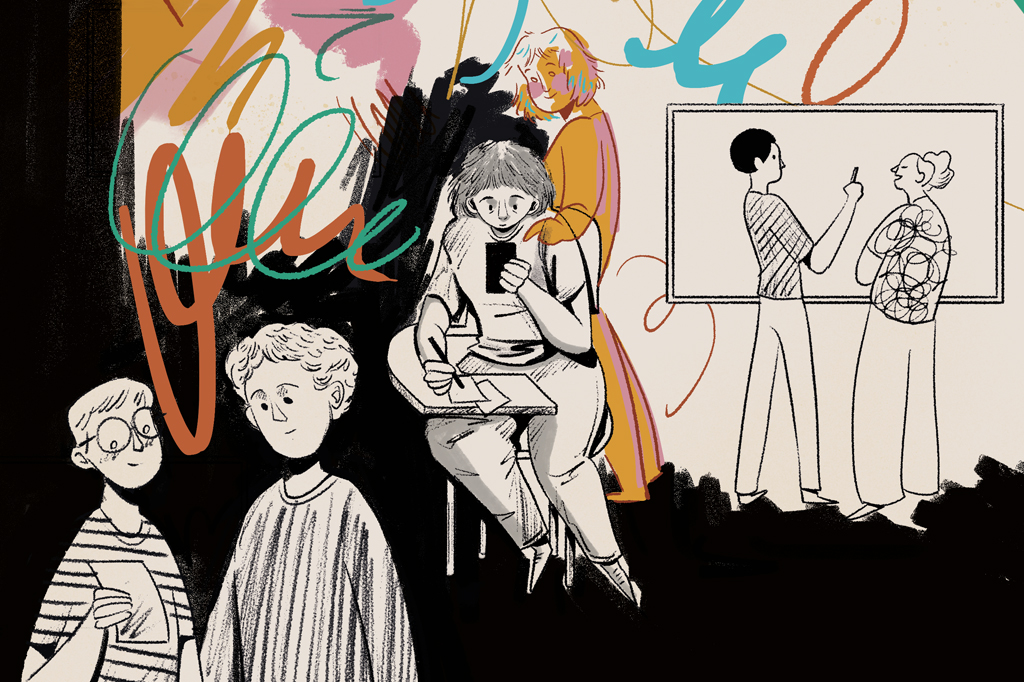 Ilustra&ccedil;&atilde;o de uma garota, de cabe&ccedil;a baixa, usando um smartphone projetando uma companhia amig&aacute;vel e sorridente. Ao redor, v&ecirc;-se alguns rabiscos coloridos e outras pessoas interagindo entre si.