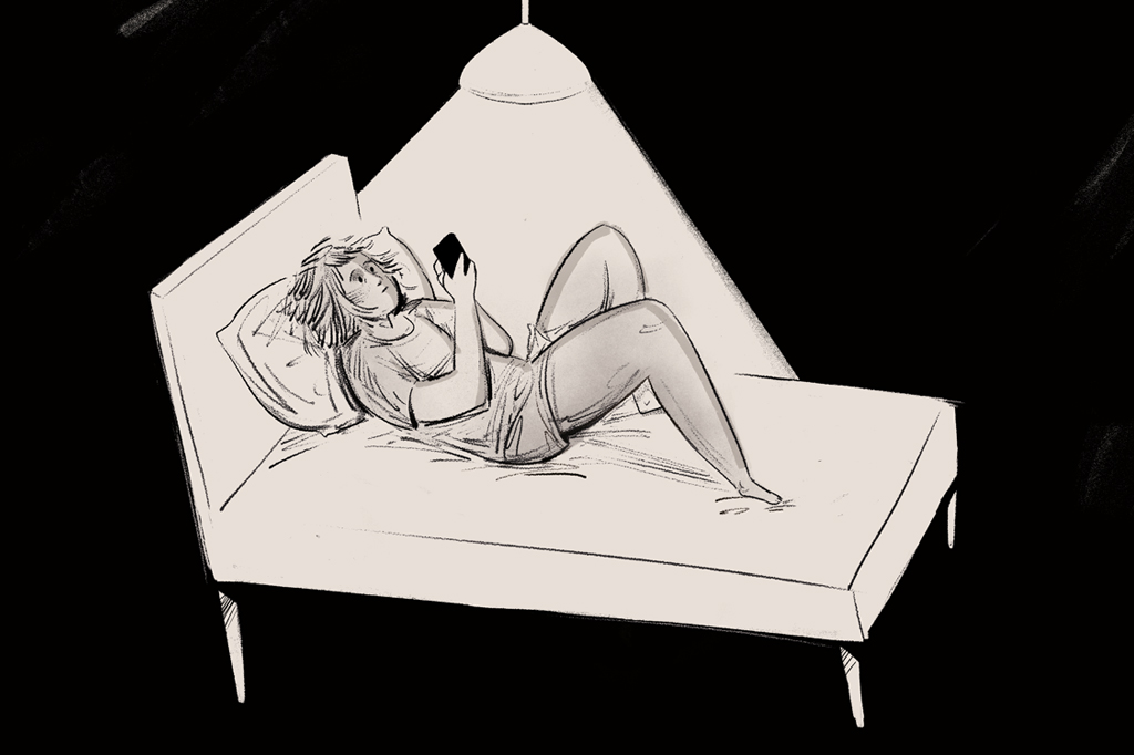 Ilustra&ccedil;&atilde;o de uma garota deitada na cama usando um smartphone, num quarto escuro iluminado por uma luz spot.