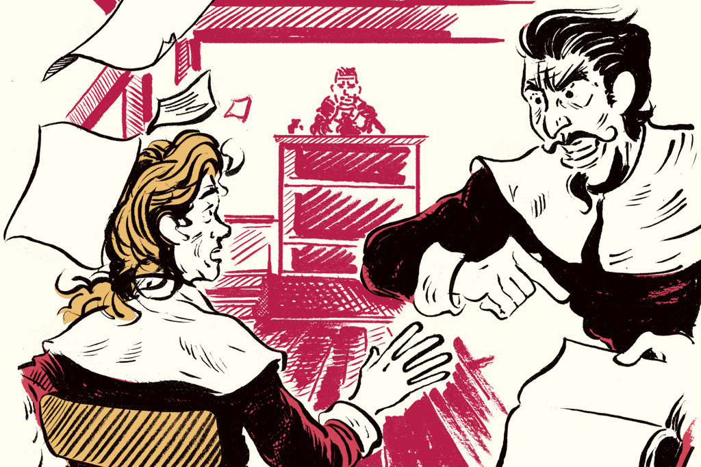 Ilustra&ccedil;&atilde;o, em fundo creme, de um julgamento de uma mulher acusada de feiti&ccedil;aria. V&ecirc;-se um homem gritando e apontando para um livro.