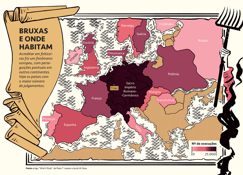 Ilustra&ccedil;&atilde;o, em fundo creme, de um mapa da Europa, com os pa&iacute;ses onde ocorreram o maior n&uacute;mero de julgamentos de bruxas.