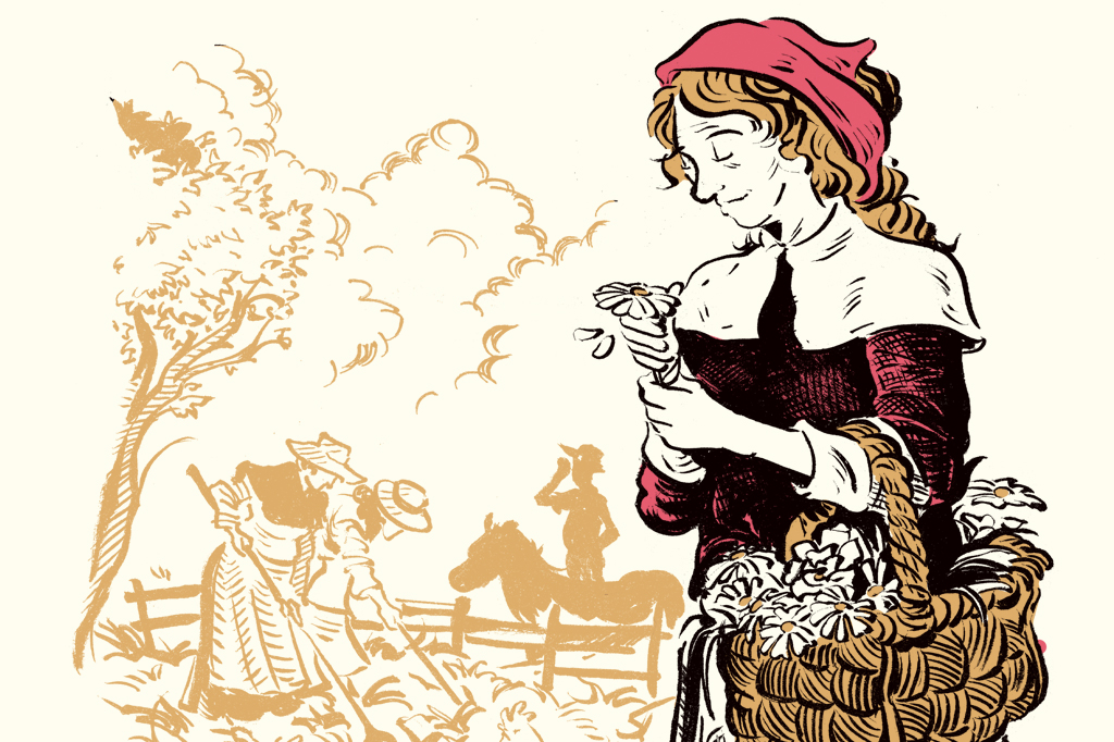 Ilustra&ccedil;&atilde;o, em fundo creme, de uma mulher carregando uma cesta e colhendo margaridas. Ao fundo, v&ecirc;-se, trabalhadores rurais.