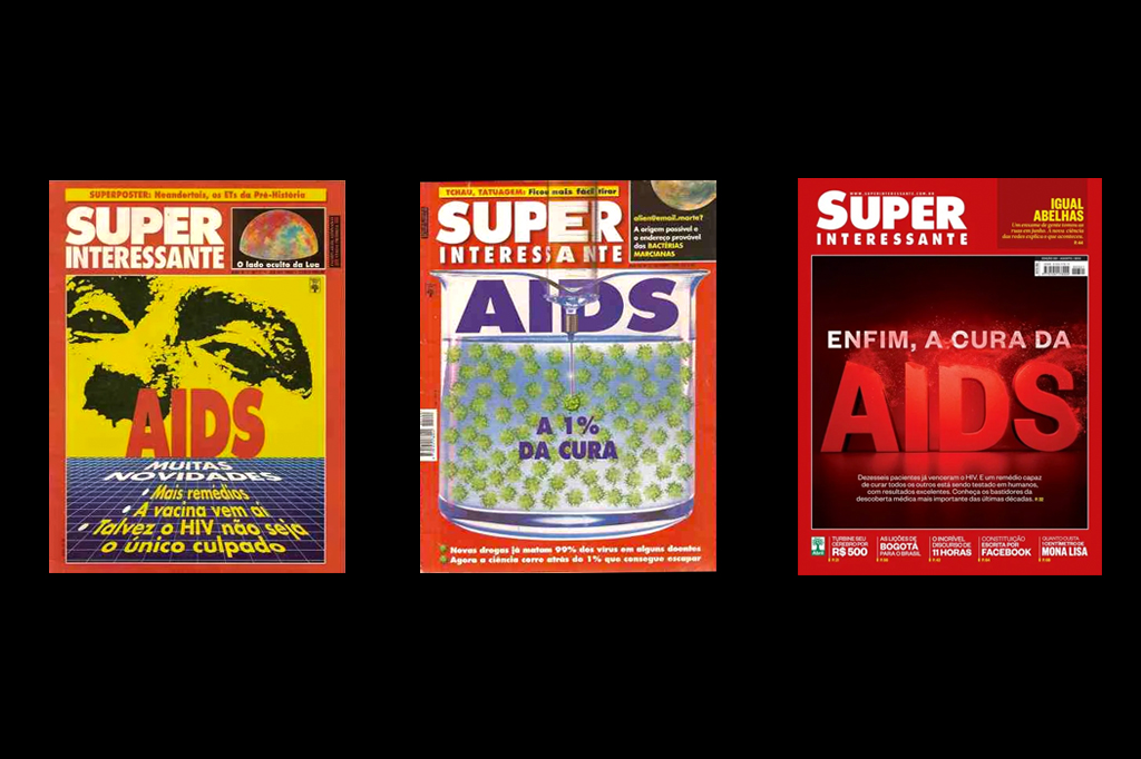 Imagem, em fundo preto, com três capas da revista Superinteressante sobre a AIDS.