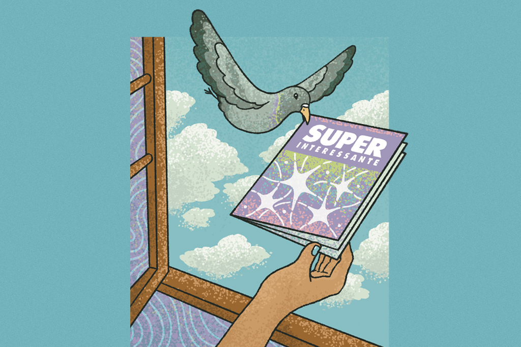 Ilustra&ccedil;&atilde;o, em fundo verde, de um p&aacute;ssaro entregando uma revista Superinteressante pela janela.