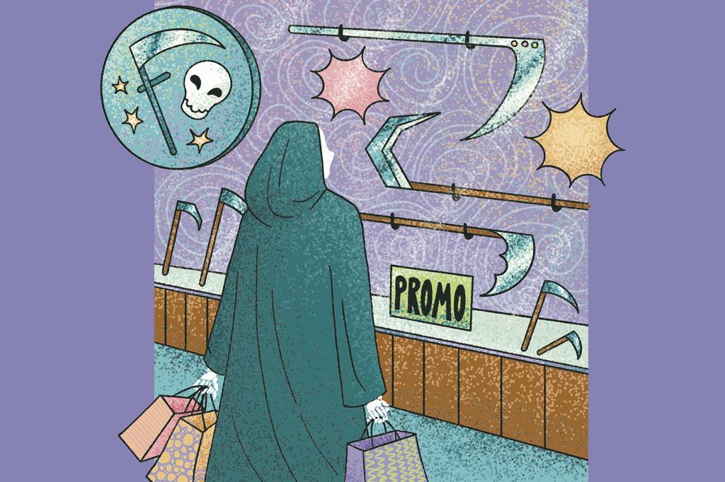 Ilustração cômica da morte, segurando sacolas, diante de uma vitrine de loja de foices.