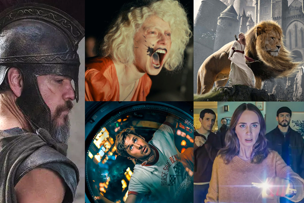 Mosaico com cenas dos filmes: A Odisseia, A noiva!, Devoradores de estrelas, Dia D e Crônicas de Nárnia.