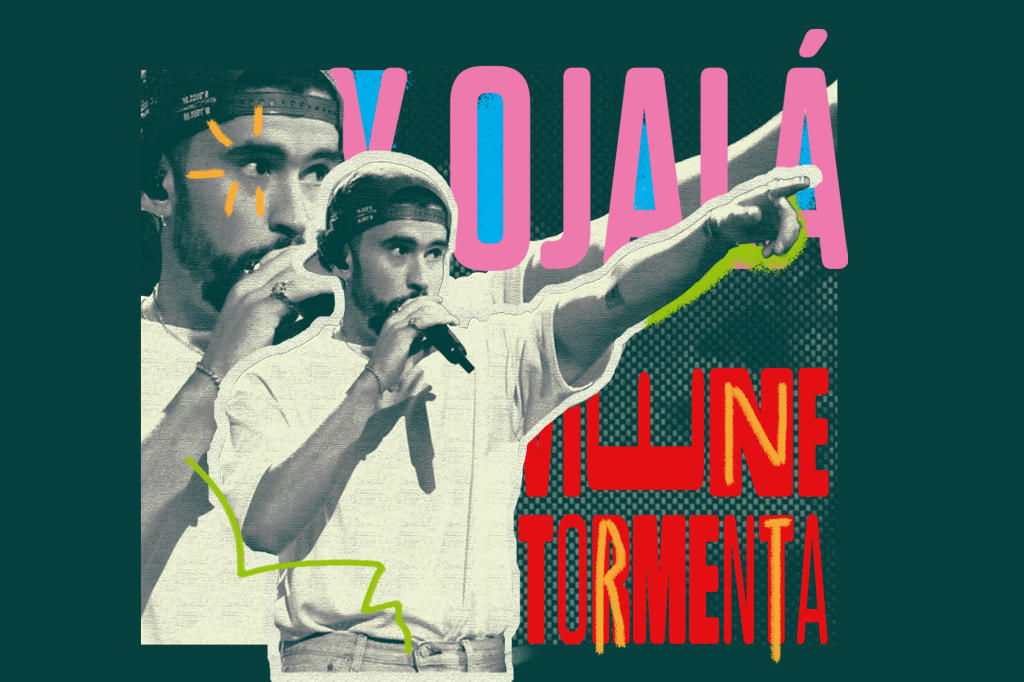 Colagem, em fundo verde escuro, com o cantor Bad Bunny.