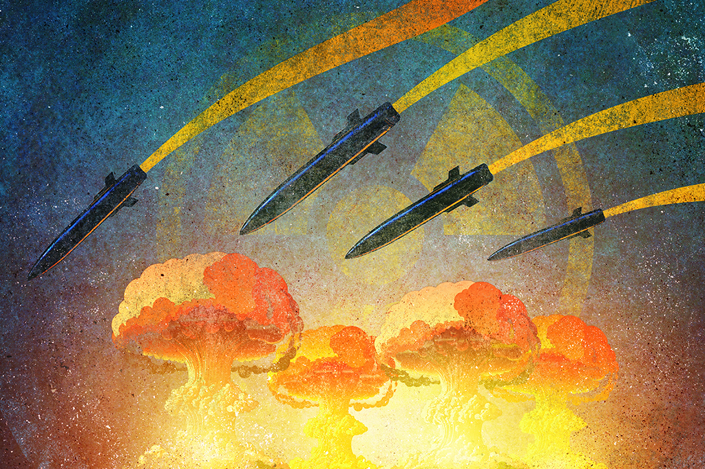 Ilustração de quatro mísseis nucleares.