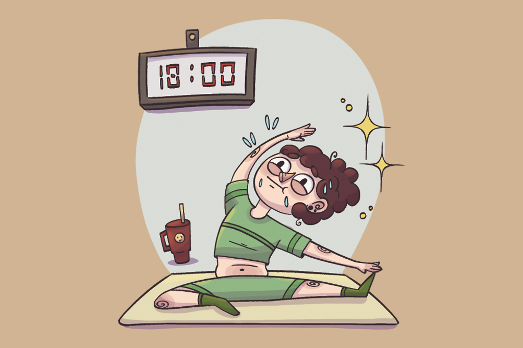 Ilustra&ccedil;&atilde;o, em fundo marrom, de uma garota suando enquanto se alonga num tapete. Ao alto, v&ecirc;-se um rel&oacute;gio.