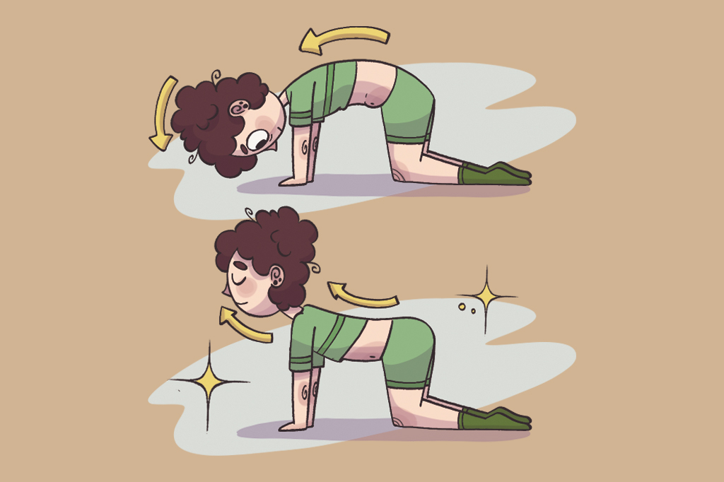 Ilustra&ccedil;&atilde;o, em fundo marrom, de uma garota suando enquanto se alonga.