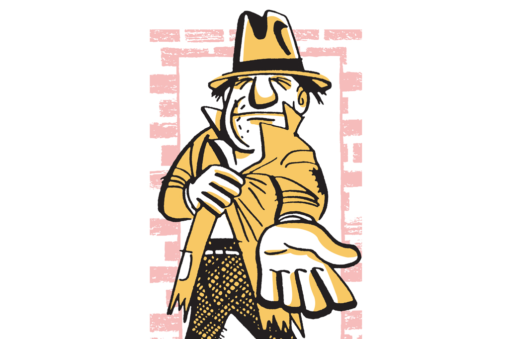 Ilustração, em fundo branco, de um homem maltrapilho pedindo dinheiro.