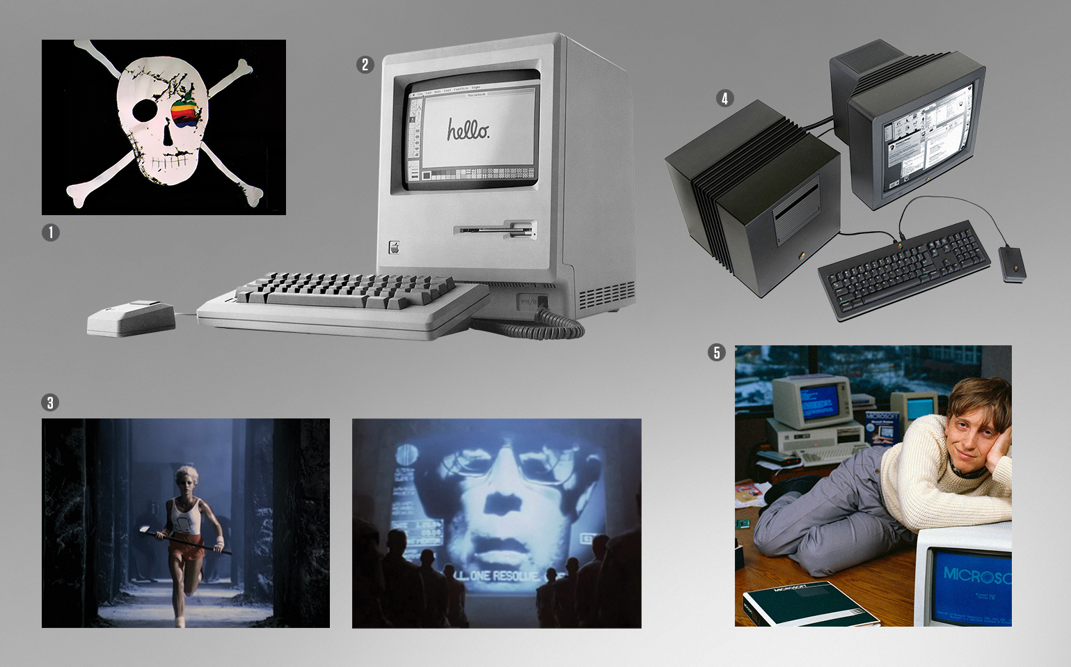 Imagem, em fundo cinza, com um mosaico de produtos da Apple, cenas de propaganda e de Bill Gates.