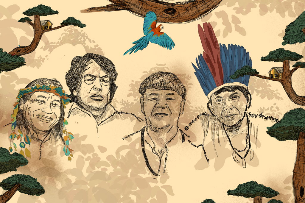 Ilustração conceitual, em fundo marrom claro, de quatro lideres indígenas. Ao redor deles, vê-se, árvores e uma arara.