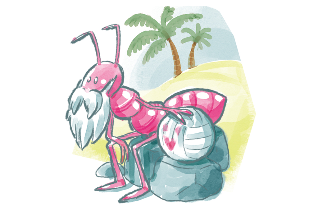 Ilustração cômica, em fundo branco, de uma formiga, de barba branca, sentada numa pedra ao lado de uma bola de vôlei.